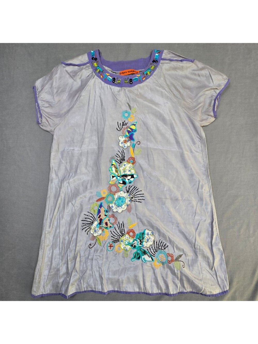 Urban Mango XL Embroidered Tunic Dress Beaded Neckline Floral Butterfly